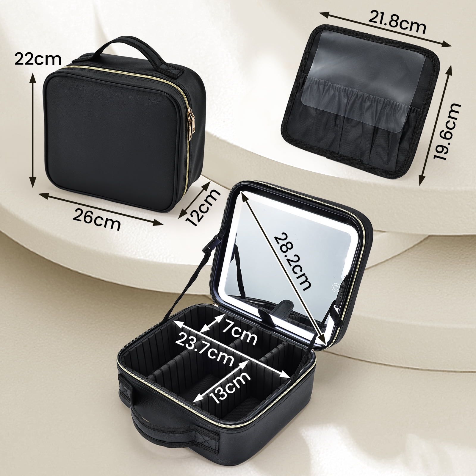 Portable Makeup Bag with LED Mirror Travel Makeup Case Large Cosmetic Train Case with Brush Holder