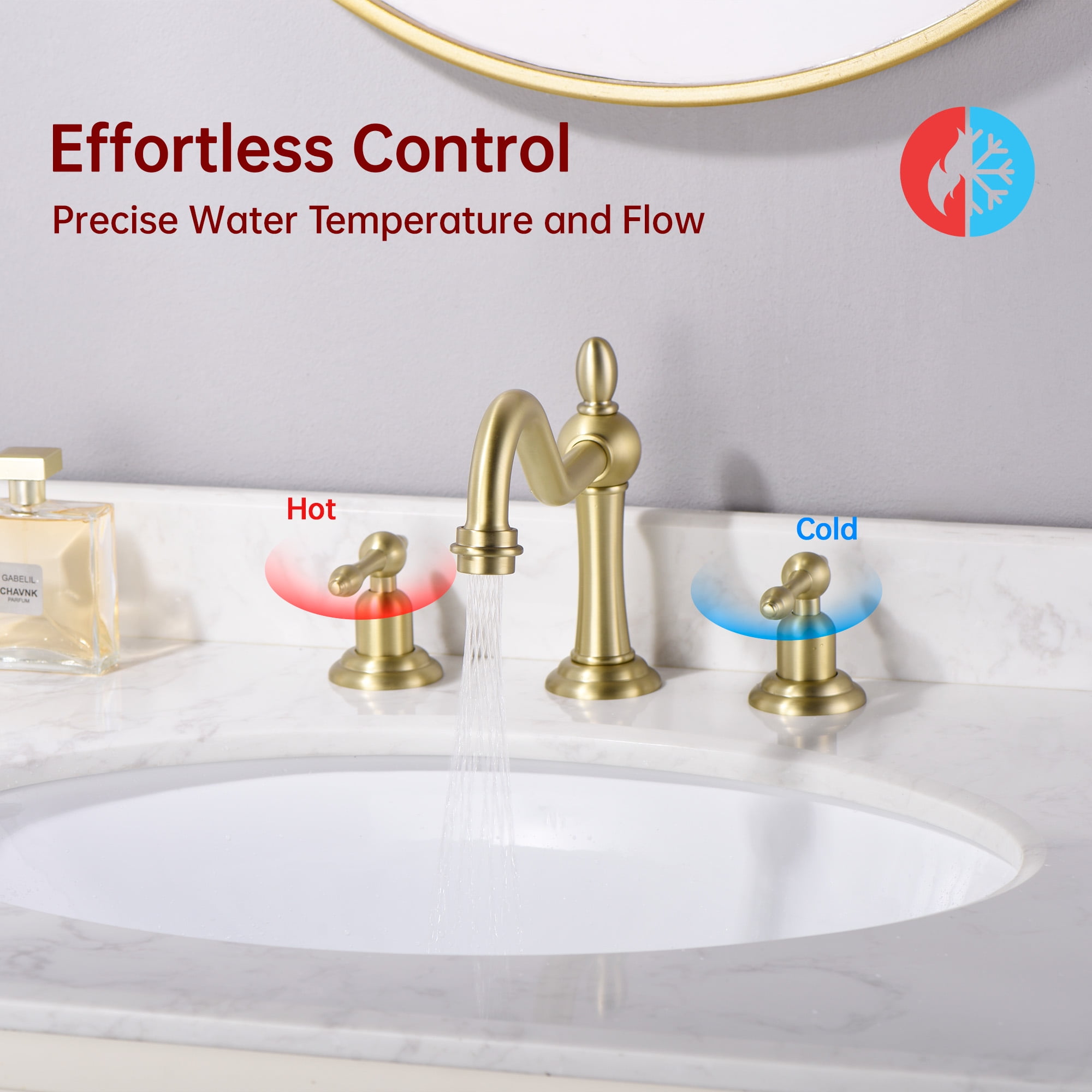 sumerain 3 Hole Bathroom Sink Faucet Brushed Gold, 8 Inch Widespread Bathroom Lavatory Faucet Two Handle