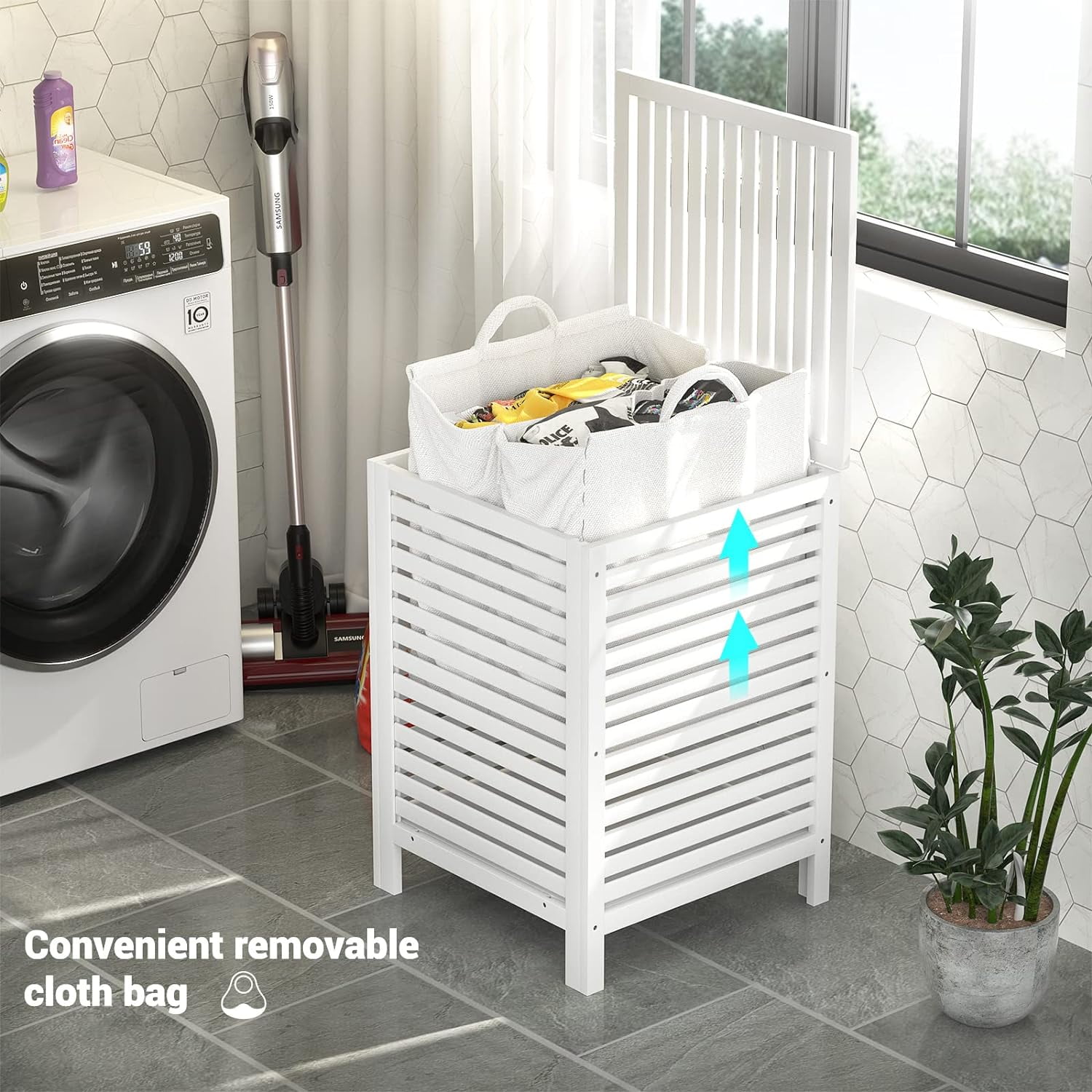 Bamboo Laundry Hamper with Lid, 120L Large Clothes Laundry Sorter with Removable 2-Section Liner Bag, Raised Laundry Basket Organizer for Clothing, Bathroom, Bedroom, Laundry Room, White