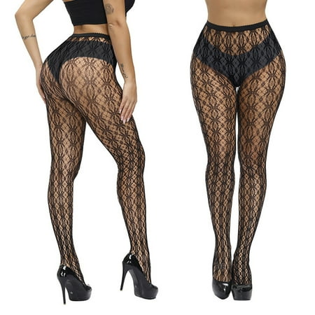 

VKEKIEO Body Stockings Lingerie Women s Stockings See-Through Temptation One-Piece Lace Printed Net Stockings