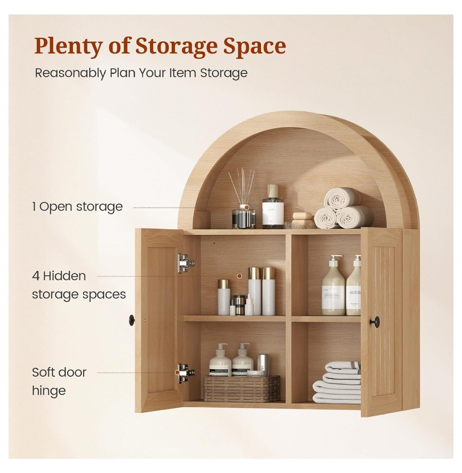 SONGMY Arched Bathroom Wall Cabinet, 23.6 x 30.3'' Over The Toilet Cabinet with Grille Door, Adjustable Shelf, Wall Mounted Cabinets for Bathroom Laundry Room Kitchen (Oak, 30IN)