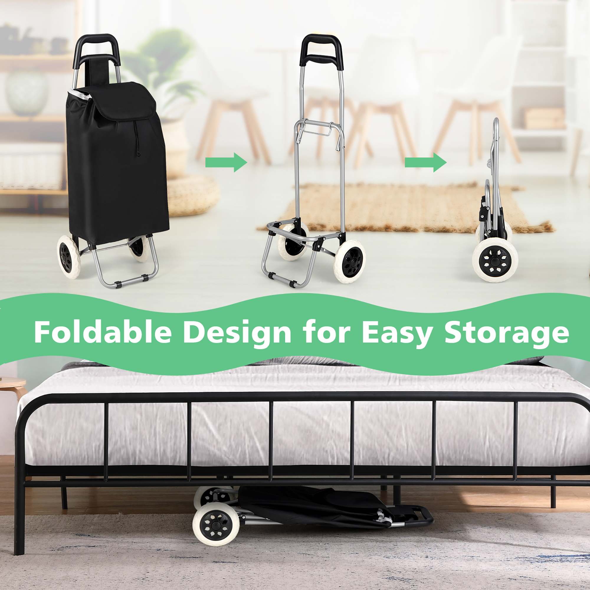 Eyesome Lightweight Wheeled Shopping Trolley – Black 24L Push Cart With 2 Wheels – Luggage Bag Style