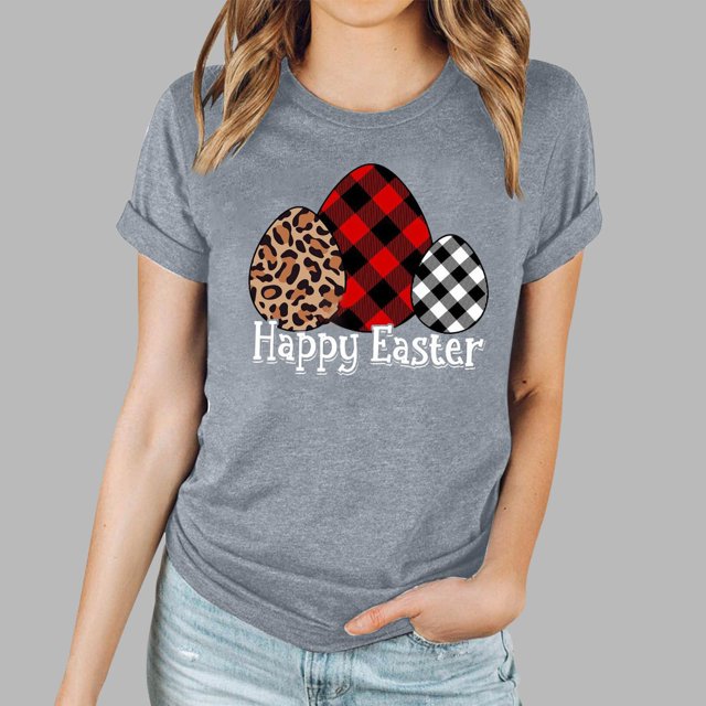 TIMIFIS T-Shirt Gris pour Femmes Joyeux Jour de Pâques T-Shirt Graphique Lapin Œufs Mode Été Col Rond Manches Courtes