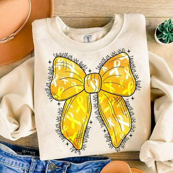 September Gold Cancer Awareness Sweater, Childhood Cancer Coquette Bow Gold Ribbon Together We Fight Sweatshirt