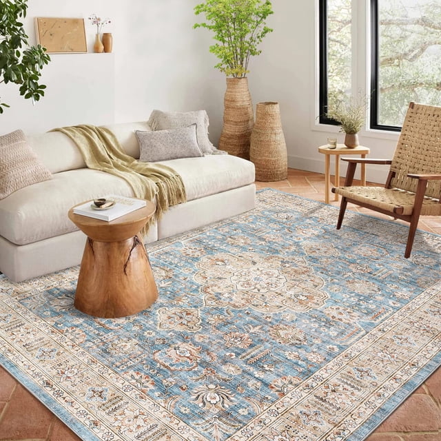HOMERRY Foldable Area Rug 6' x 9' Washable Floral Geometric Rug for Living Room, Blue