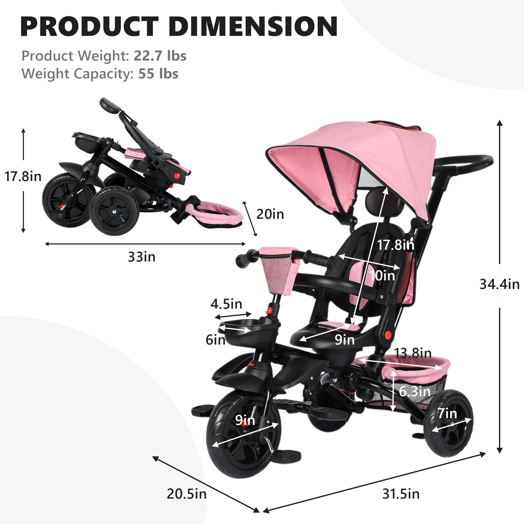 AILEEKISS Foldable Kids Tricycle with Push Handle, 7-in-1 Ride Trike for Infant 1-5 Years, Pink