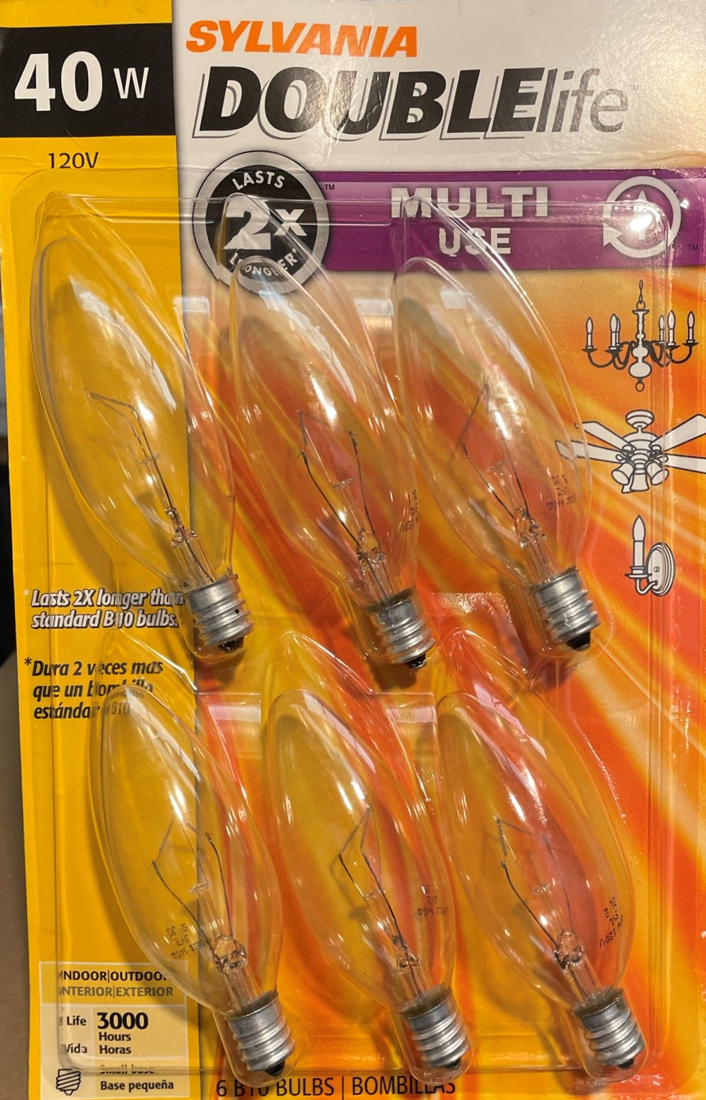 (6 pack) Sylvania 40w Incandescent candelabra Double Life B10 Light