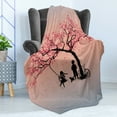 thumbnail image 4 of Tree of Life Soft Flannel Fleece Blanket, Children Playing on a Tire Swing Under Cherry Tree with Dog Blossom Spring Art, Cozy Plush for Indoor and Outdoor Use, 70" x 90", Pink Black, by Ambesonne, 4 of 5