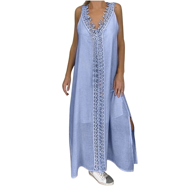 Bigersell Robes d'Été pour Femmes Mode Décontractée Sans Manches Col en V Bretelles Dentelle Couleur Unie Robe Plus Ajustée & Évasée Style 29487, Robes Asymétriques pour Femmes Bleu Clair G
