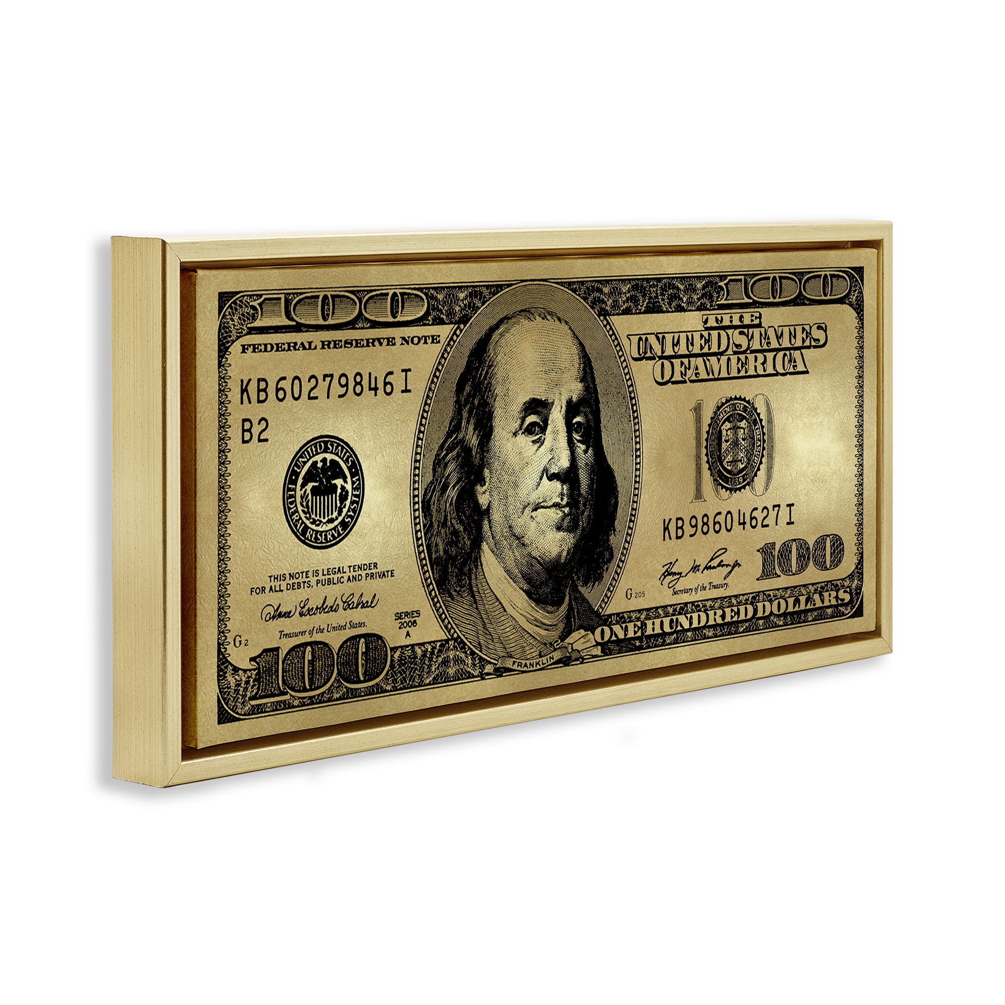 Stupell Industries Hundred Dollar Bill Novelty & Humor Painting Gold Floater Framed Canvas Art Print Wall Art, 31 x 14
