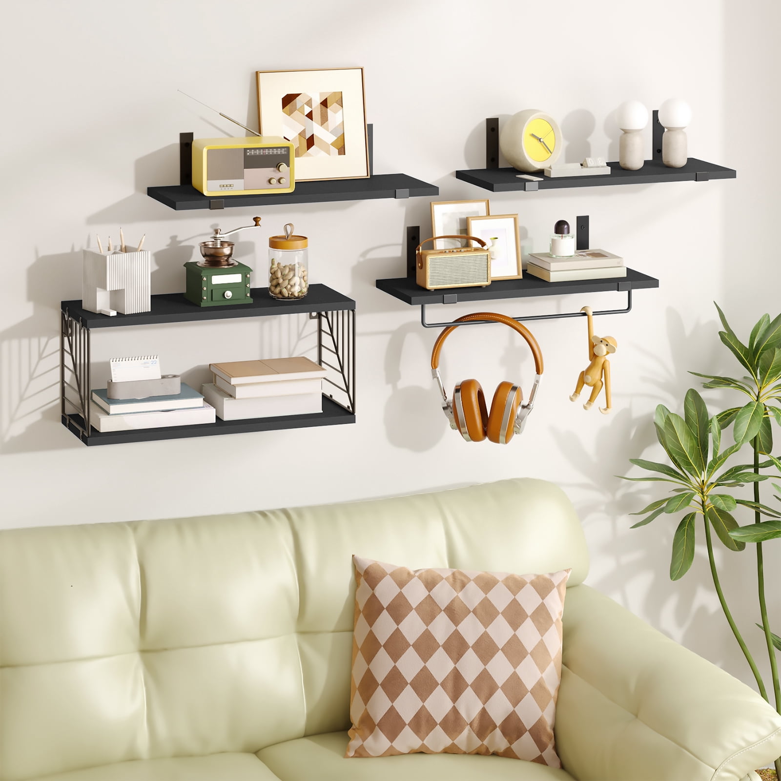 Fairy 4+1 Tier Bathroom Floating Shelves Over Toilet, 15.8in Wall Shelves for Bathroom, Living Room, Bedroom and Kitchen (Black)