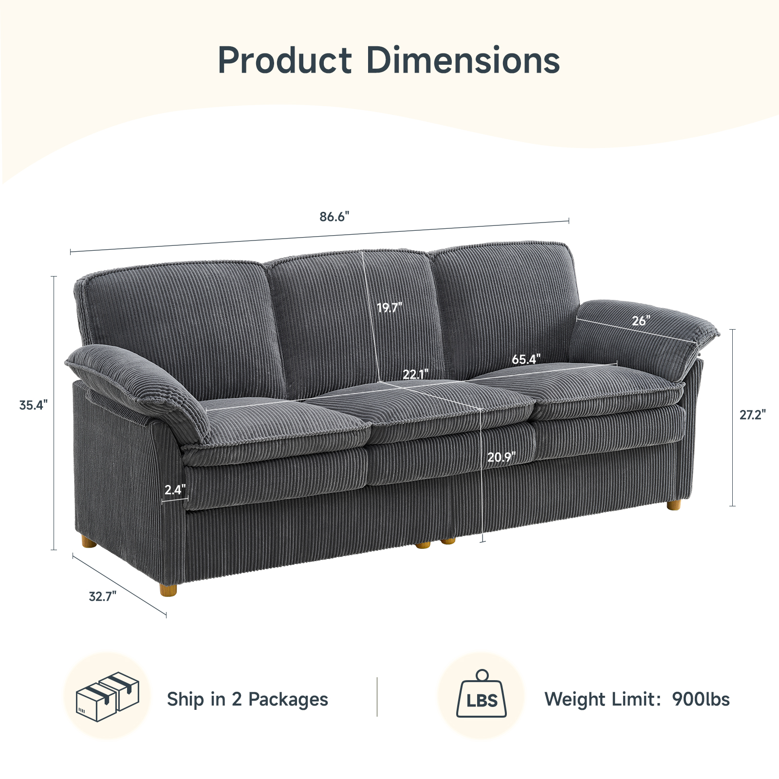 86.6" Corduroy Couches, Comfy 3 Seater Sofa with Pillow Top Armrest & Dual-Layer Cushions for Living Room Bedroom, Grey