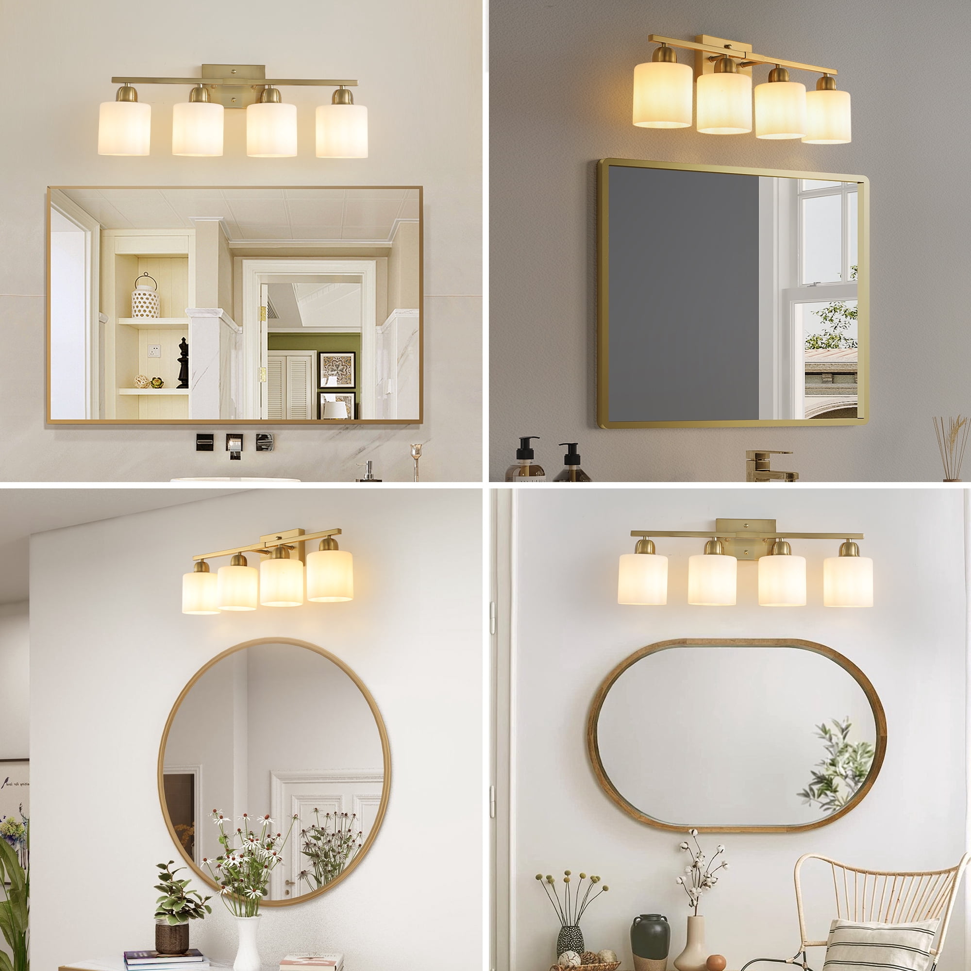 Leumius 4-Light Bathroom Vanity Light Fixture, Modern Vanity Light Over Mirror, Wall Sconces with Milky White Frosted Glass Shades for Mirror, Bathroom, Bedroom and Hallway Gold (No Bulbs)