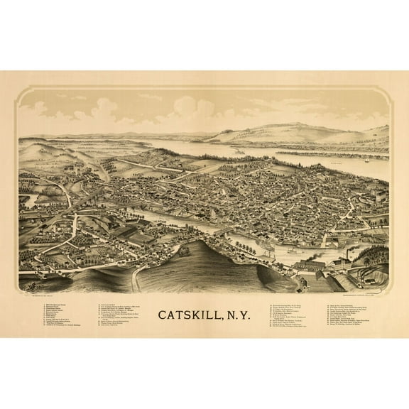 Historic Panoramic View - Catskill New York - Burleigh 1889 - 35.10 x 23 - Vintage Wall Art