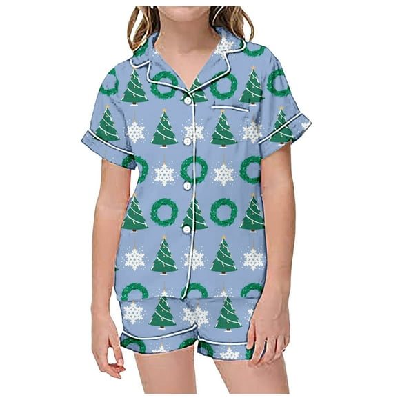 FhsagQ Pajamas Girls Christmas Pajamas Christmas Kid's Summer Homewear Boys Girls Printed Short Sleeve T Shirt Short Pants Pajamas Suits Children's Clothing Blue 8-9 Years