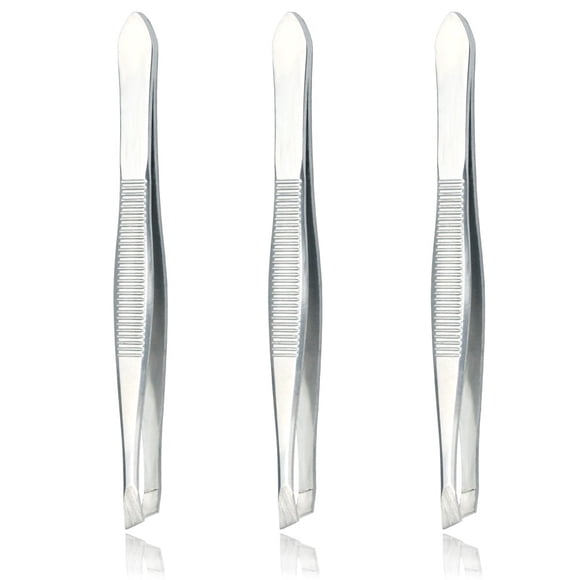LUXXII (paquete de 3) Pinzas inclinadas – Pinzas de precisión de punta inclinada de acero inoxidable para depilación de cabello y cejas, cuidado personal (tono plateado)