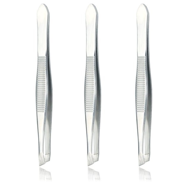 LUXXII (paquete de 3) Pinzas inclinadas – Pinzas de precisión de punta inclinada de acero inoxidable para depilación de cabello y cejas, cuidado personal (tono plateado)