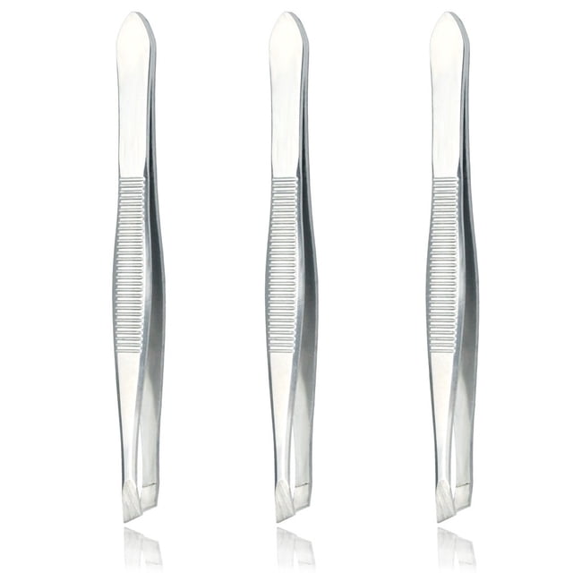 LUXXII (paquete de 3) Pinzas inclinadas – Pinzas de precisión de punta inclinada de acero inoxidable para depilación de cabello y cejas, cuidado personal (tono plateado)