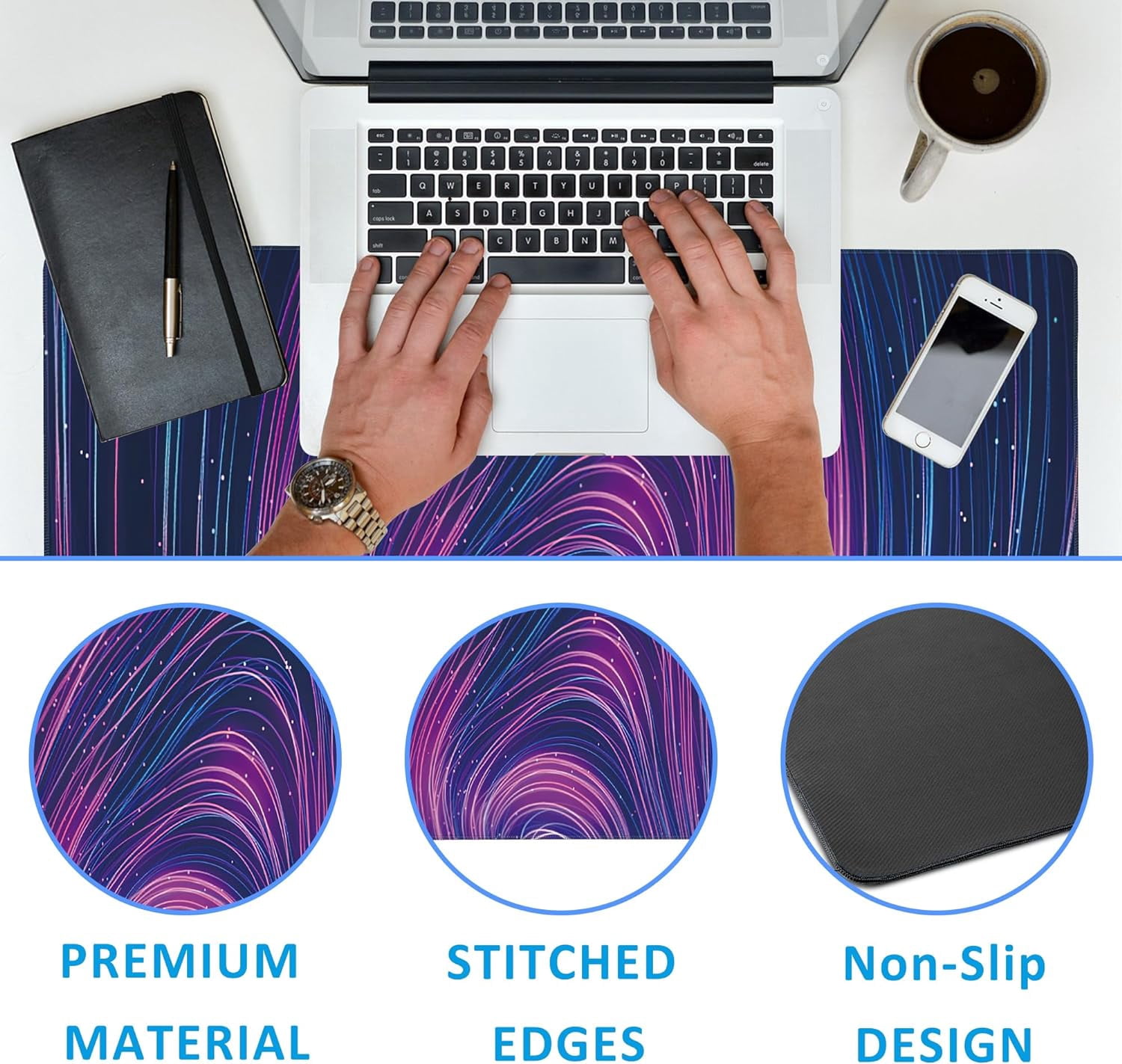 Futuristic Neon Swirl Lines Large Gaming Mouse Pad,Waterproof Desk Mat for Desktop,Non-Slip Rubber Base Mousepad with Stitched Edges for Laptop Office and Home 35.4X15.7 Inch
