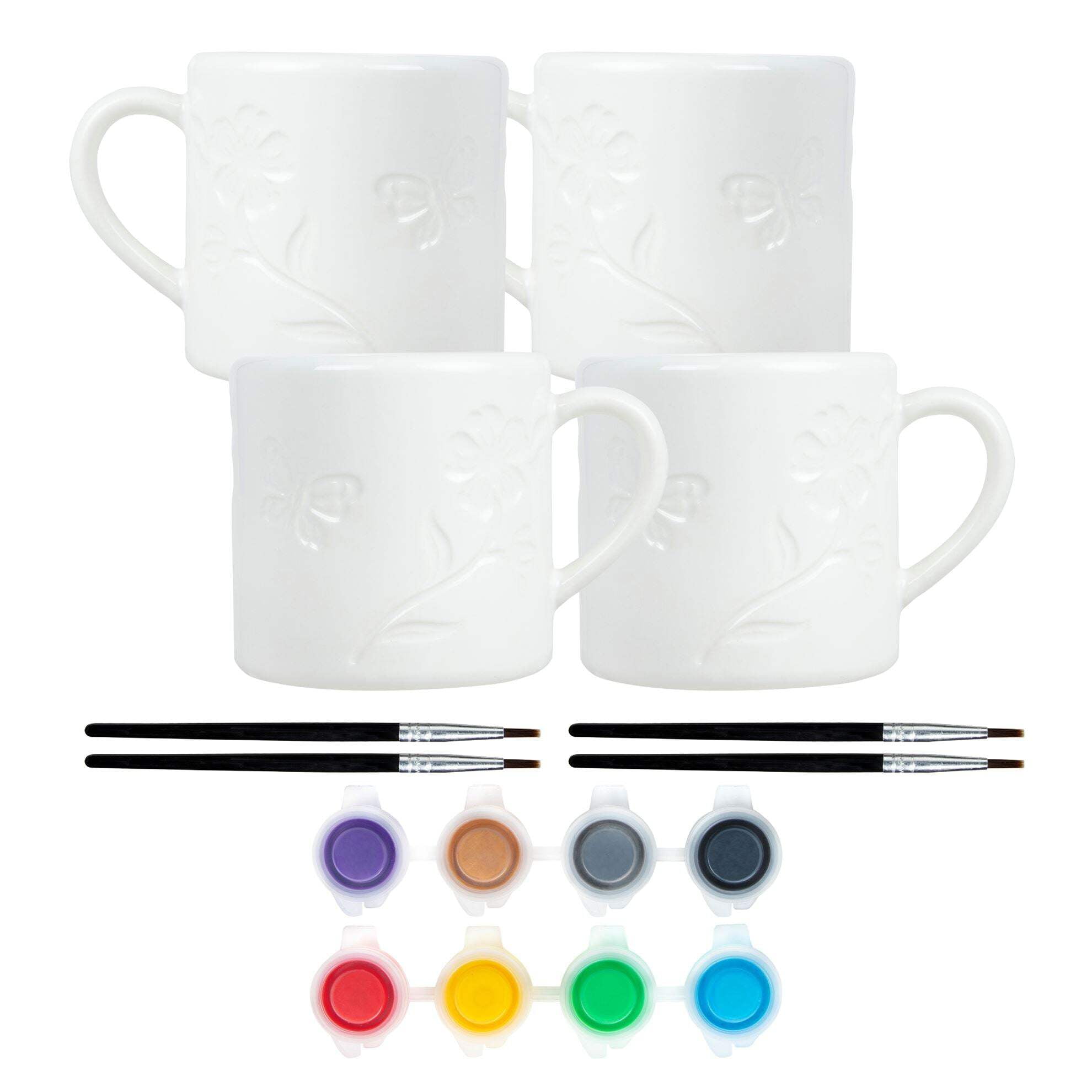 TULIP Painted by Me All-in-One Paint and Bake Ceramic 4 Mug Set with Flower Designs, Easy Craft Kit, Includes 4 Mugs, 8 Rainbow Paints, 4 Brushes