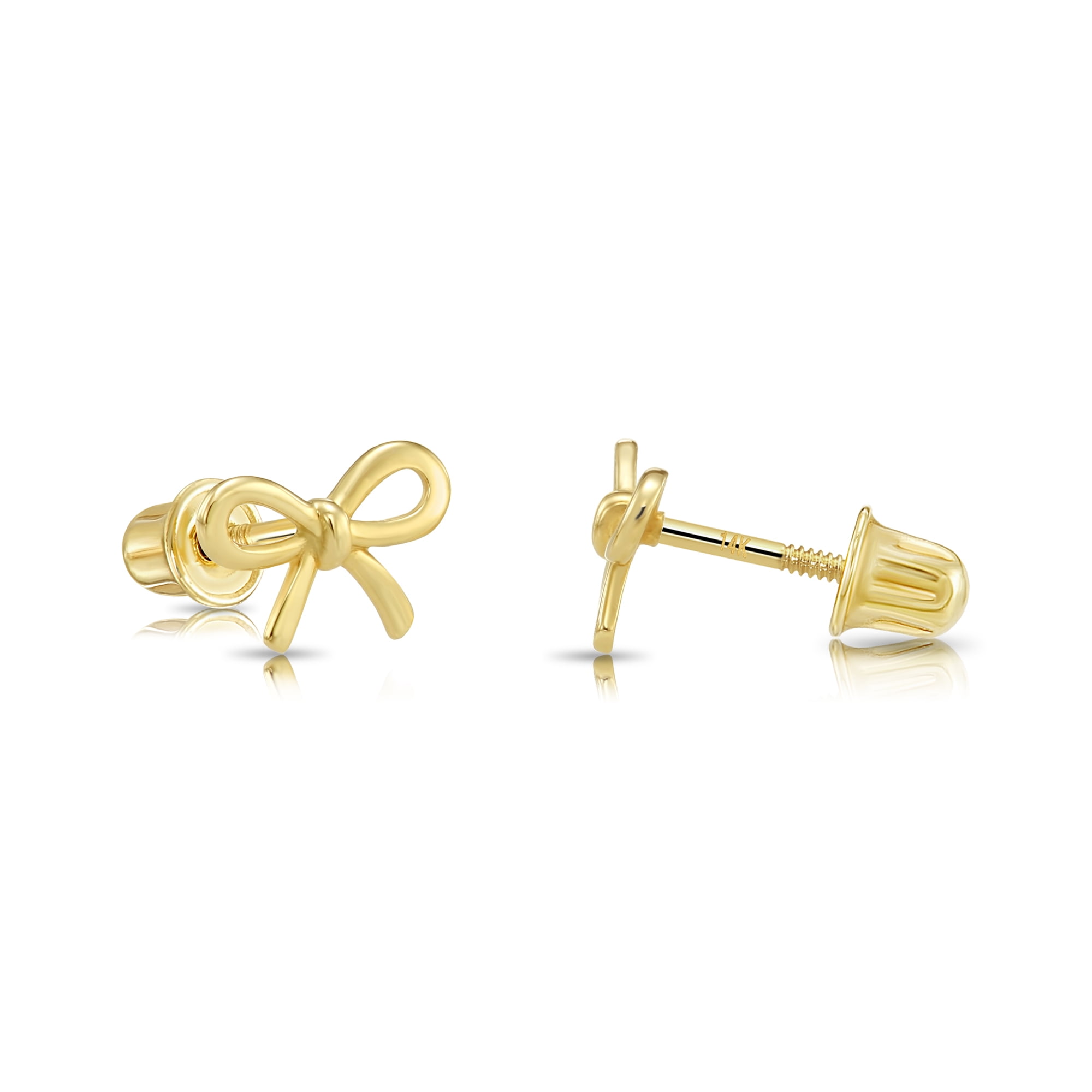 Tilo Jewelry 14K Yellow Gold Ribbon Bow Stud Post Earrings with Secure Screw-Backs | 8MM | Dainty Everyday Earrings for Women & Unisex