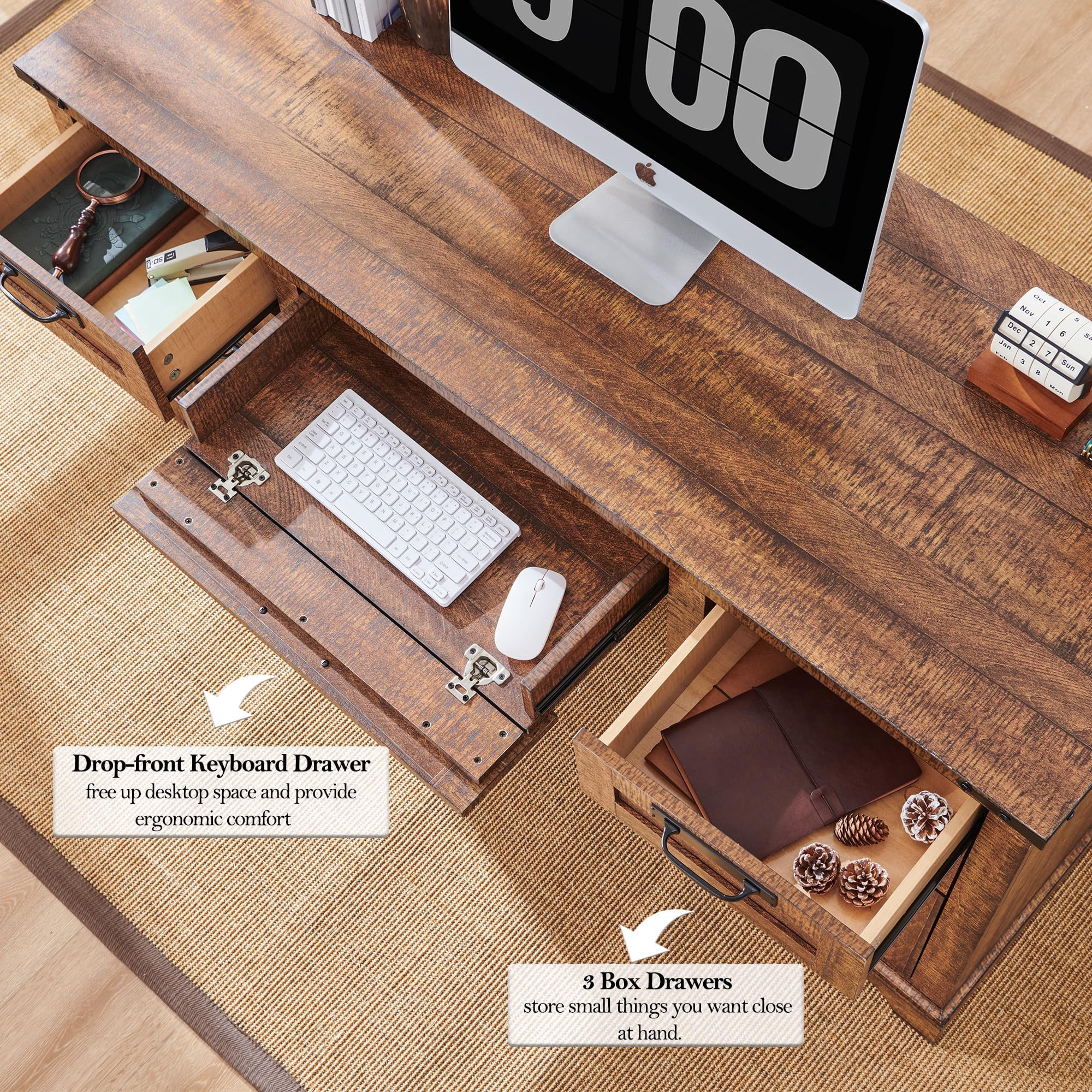 OKD Farmhouse Executive Desk, Rustic Office Desk with Charging Station and Keyboard Tray,Home Workstations with File Drawer, Storage Cabinet,Wood Computer Writing Desk, Reclaimed Barnwood