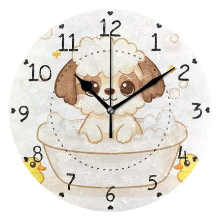 Cartoon Dog Rubber Ducks Round Wall Clock Silent Analog Battery Operated Black Pointer Home Decor 9.84 Diameter
