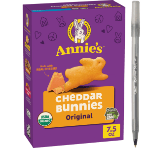 Annie's Organic Original Cheddar Bunnies Baked Snack Crackers with pen