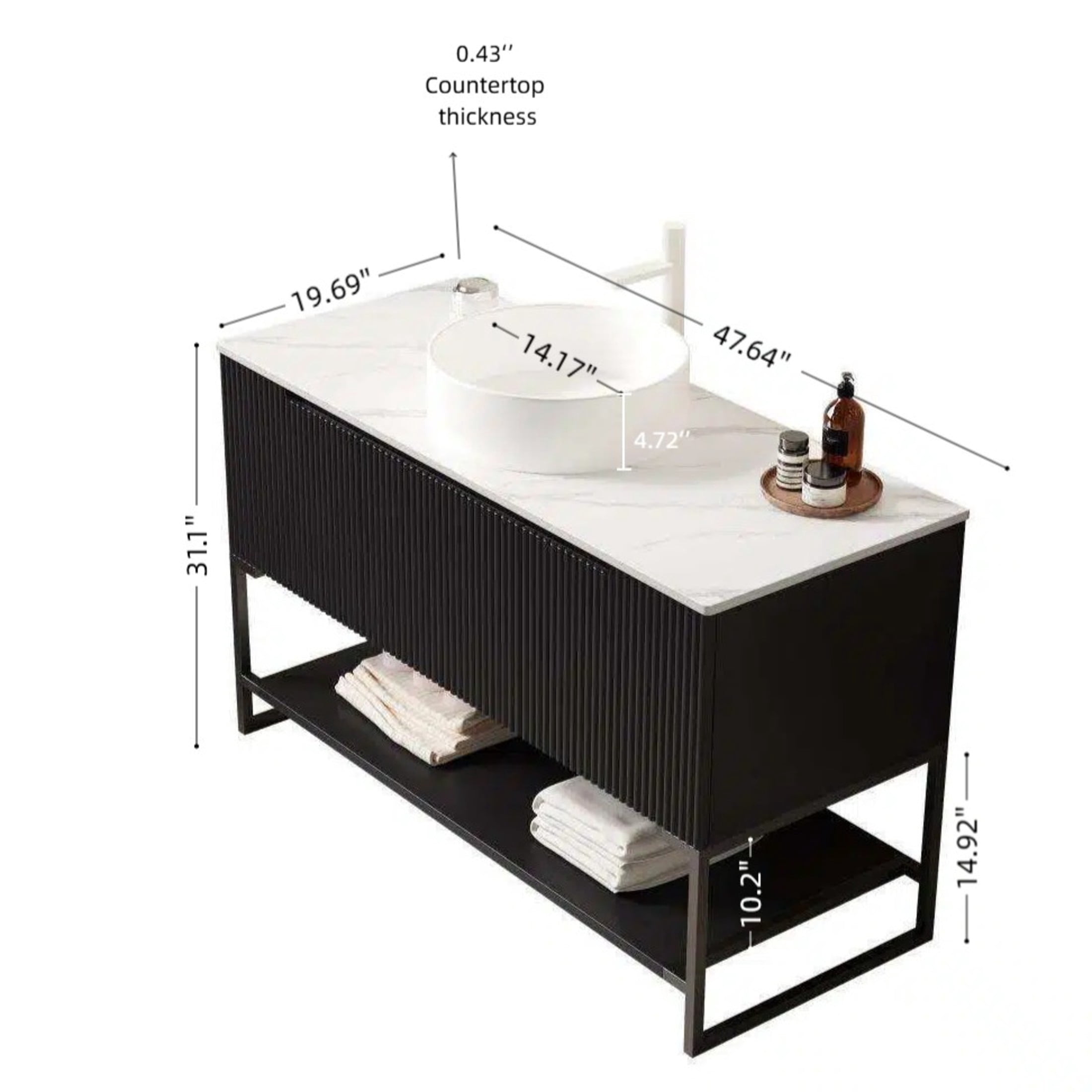 Noble House Tulio 48" Freestanding Bathroom Vanity with Sintered Stone Countertop, White Round Ceramic Basin, Black