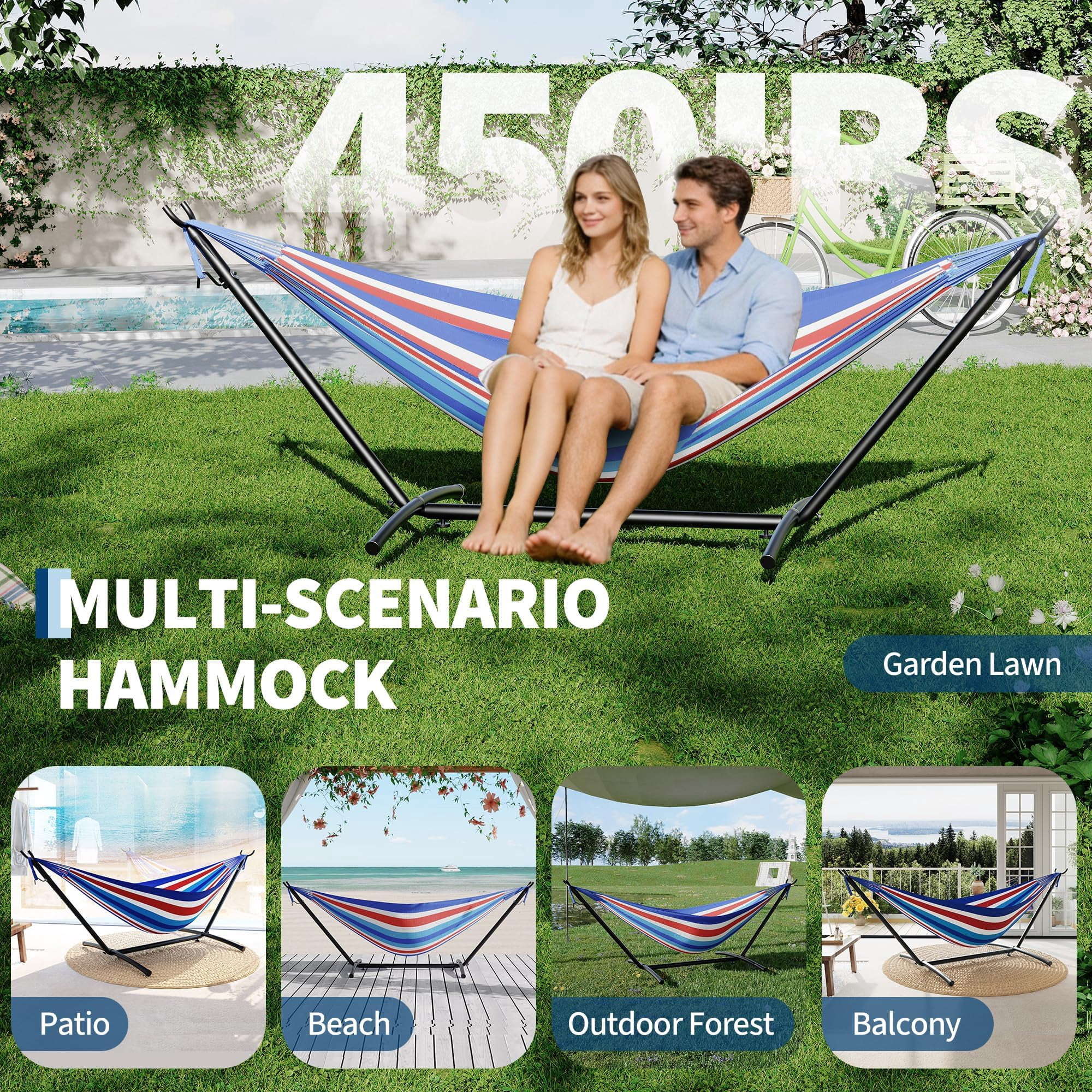 Double Hammock with Space Saving Steel Stand, 450 lbs Capacity Portable Hammock with Carrying Bag for Indoor Outdoor Patio Yard, Blue & White and Red Stripes