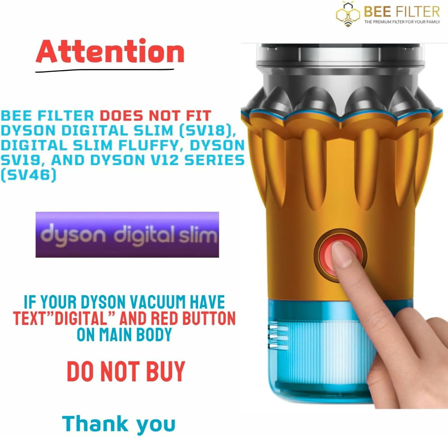 Bee Filter 2-Pack Premium True HEPA Replacement Filters for Dyson V15 Filter, Dyson V11 Filter, V15 Detect Absolute, V15 Submarine, Dyson V11 Animal , Dyson V11, Dyson V15 Detect, Part no. 970013-02