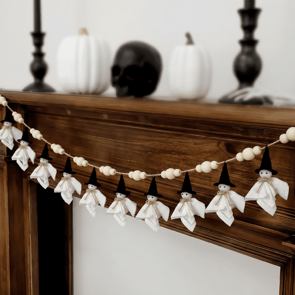 84 Inch Halloween Ghost Banner with Witch Hat, Rustic Wooden Bead Ghost Banner, Halloween Hanging Decor for Fireplace, Mantel, Wall, Party & Home