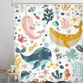 thumbnail image 3 of Kids Whale Shower Curtain Bathroom Set 71Wx84H Inches Extra Long Funny Cute Cartoon Fish Ocean Sealife Underwater Coral Starfish Bath Accessories for Girls Art Home Decor Fabric 12 Pack Hooks, 3 of 6