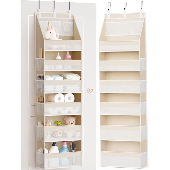 Over the Door Organizer, 6-Shelf Closet Hanging Storage with 13 Mesh Pockets, 55lbs Large Capacity for Baby Nursery, Bathroom, Bedroom, and Dorm, Beige