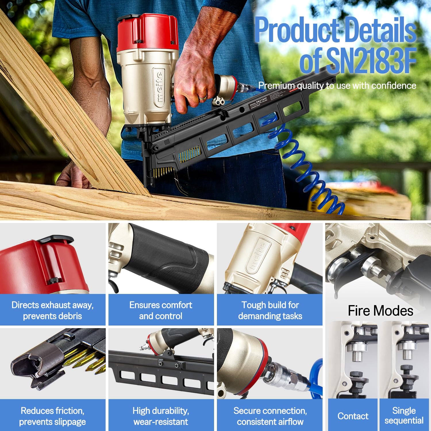 Meite SN2183F Pneumatic Framing Nailer 21 Degree 2" to 3-1/4" Length Plastic Plastic Collated Round Head Framing Nail Gun