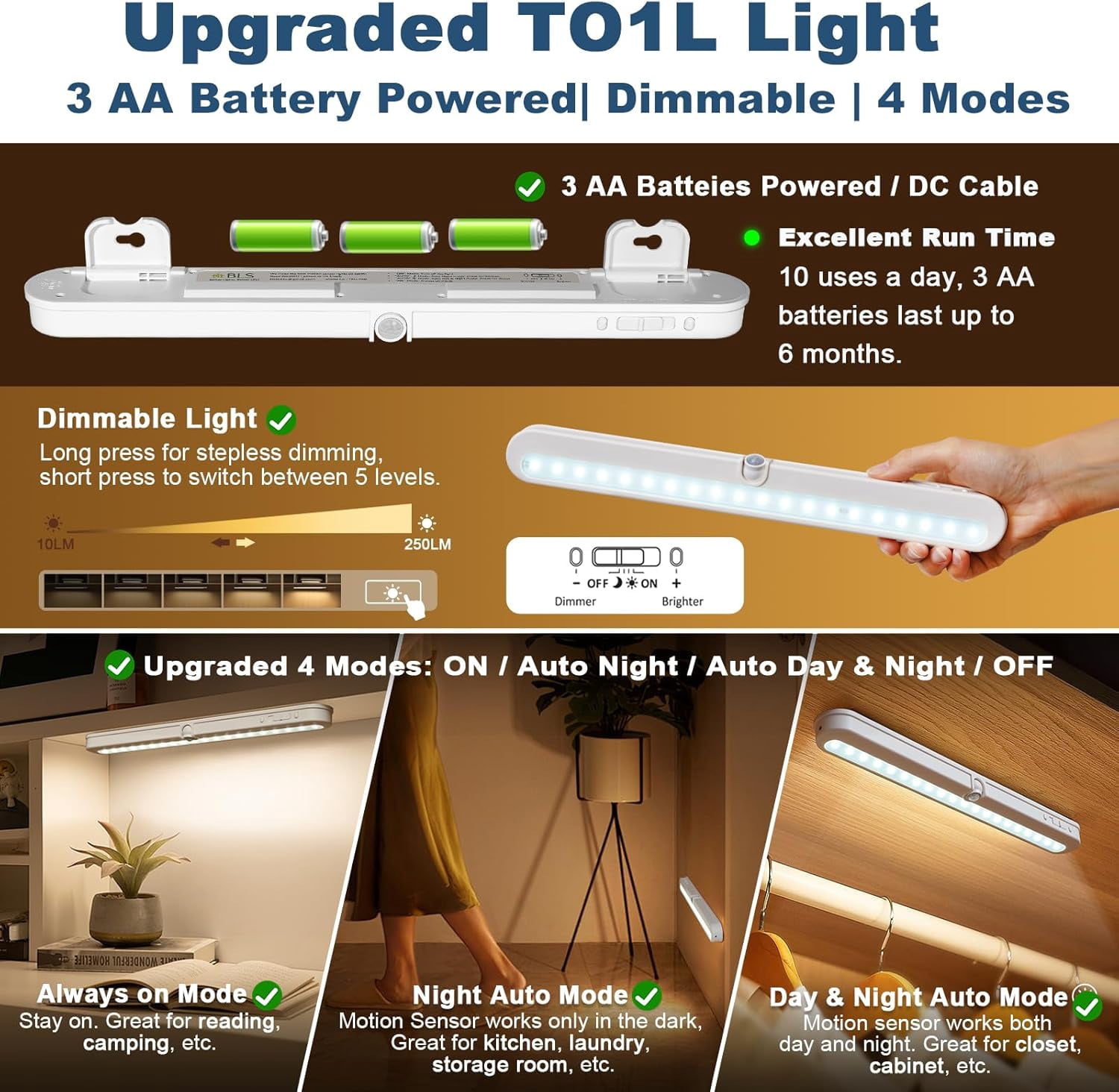 T01L LED Closet Light, Super Bright 20 LED Under Cabinet Lighting Battery Powered/DC Input Wireless Motion Sensing Light, Auto On Off Switch, Motion Sensor & Light Sensor, Light Beam Adjustable