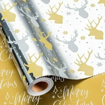 DFA Reversible Wrapping Paper Roll - 17 Inch X 32.8 Feet - Silver with Gold and Silver Deer, Yellow Merry Christmas, Metallic Foil Design for Christmas, Holiday, Party, Celebration