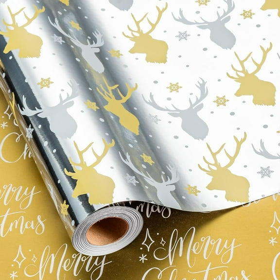 DFA Reversible Wrapping Paper Roll - 17 Inch X 32.8 Feet - Silver with Gold and Silver Deer, Yellow Merry Christmas, Metallic Foil Design for Christmas, Holiday, Party, Celebration