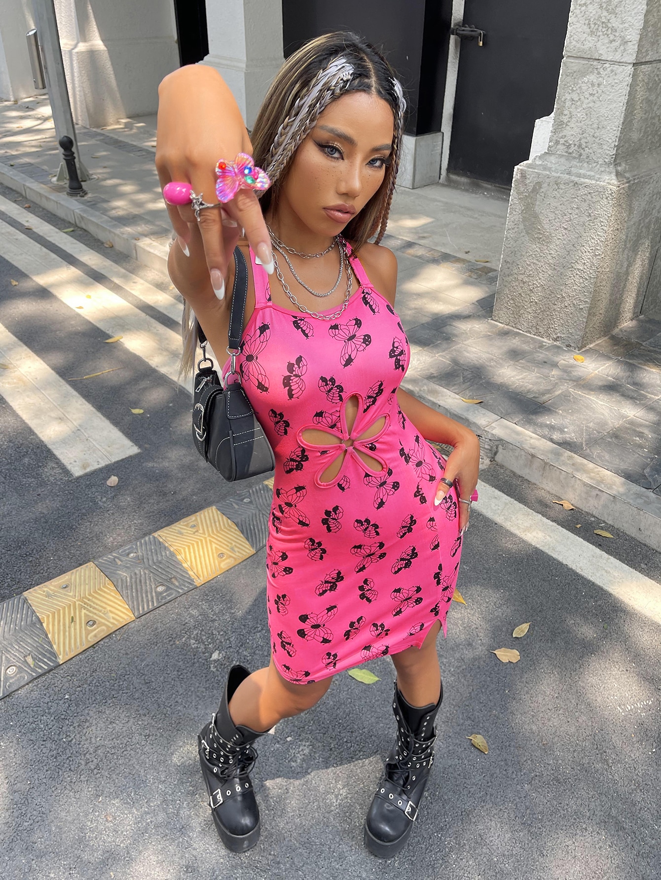 Women S Butterfly Print Cut Out O Ring Detail Halter Neck Bodycon Dress Xl 12 Hot Pink Sexy F212d Walmart Com