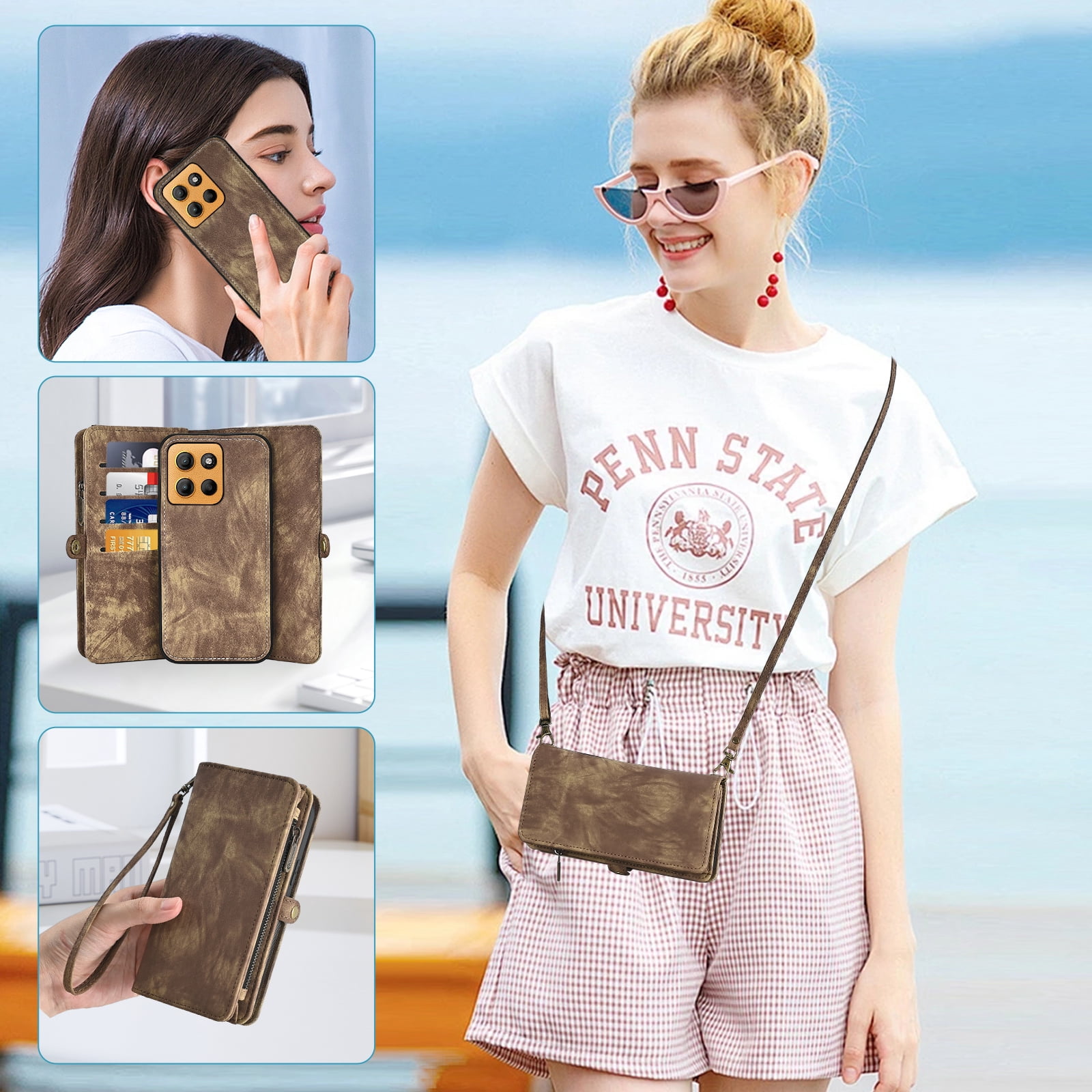 Asuwish Phone Case for Motorola Moto G15 4G Lte Zipper Wallet Detachable Cell Cover with Tempered Glass Screen Protector Crossbody Lanyard Strap Flip Card Holder MotoG15 G 15 XT2521-2 Women Men Brown