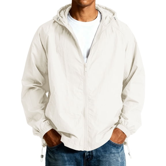 Men's Lightweight Jacket, Solid Color Windbreaker with Hood UPF 50 , Packable Running Jacket for Men, Water-Resistant Hiking Cycling Travel Hooded Windbreaker Beige L