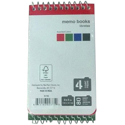 Pen + Gear 4 Pack 3"x5", Top Spiral Memo Book, 80 Sheets Per Book