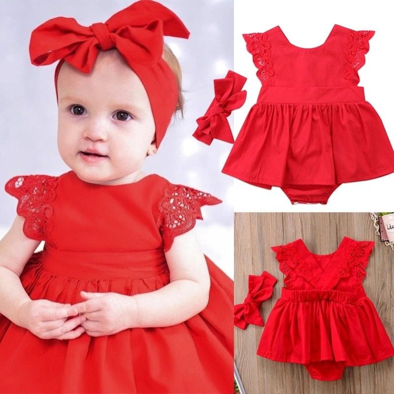 Ruffle Red Lace Romper Dress Baby Girls Headband Soft Sleeveless Gifts Casual 