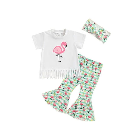 

Canrulo Sister Matching Clothes Sets 3pcs Flamingo Print Short Sleeve Tassel T-Shirt + Long Flare Pants/Shorts + Headband White Girl 2-3 Years
