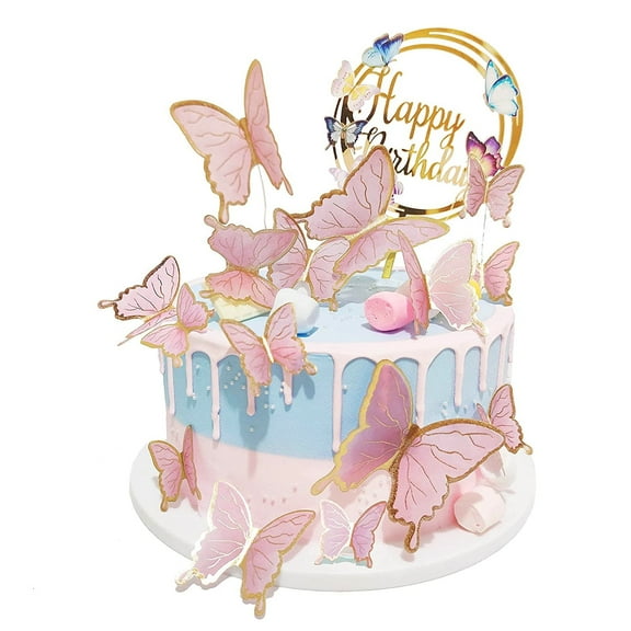 WOWSTYLE Butterfly Cake Toppers Decorations - 1 Big Happy Birthday Cake Topper & 15Pcs 3D Pink Gold Cupcake Toppers - Party Supplies for Decorating Baby Shower Girl's Birthday