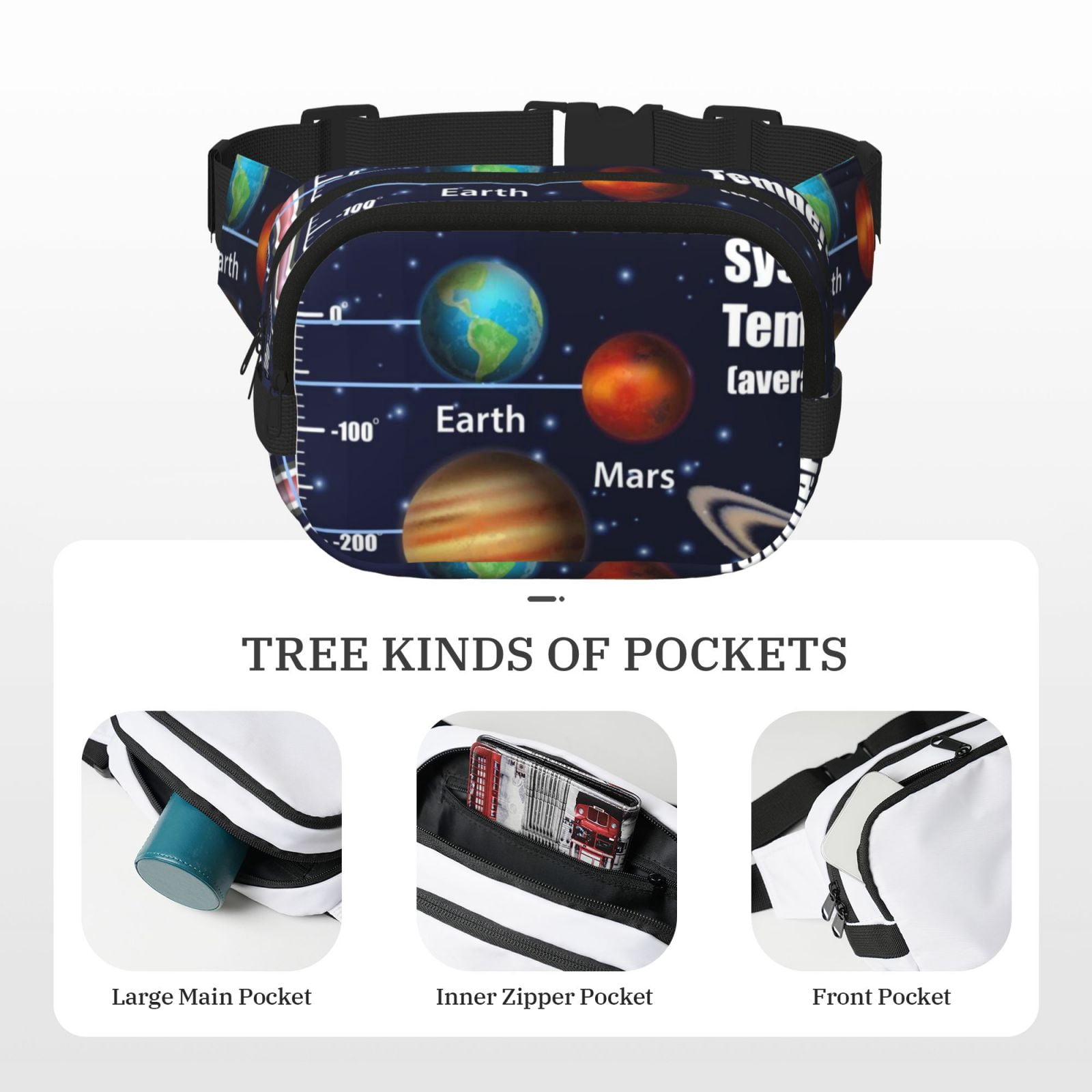 Picia Solar System Print Square Double-Layer Waist Bag Mini Adjustable Waist Belt Bag Exercise Running Travel Hiking