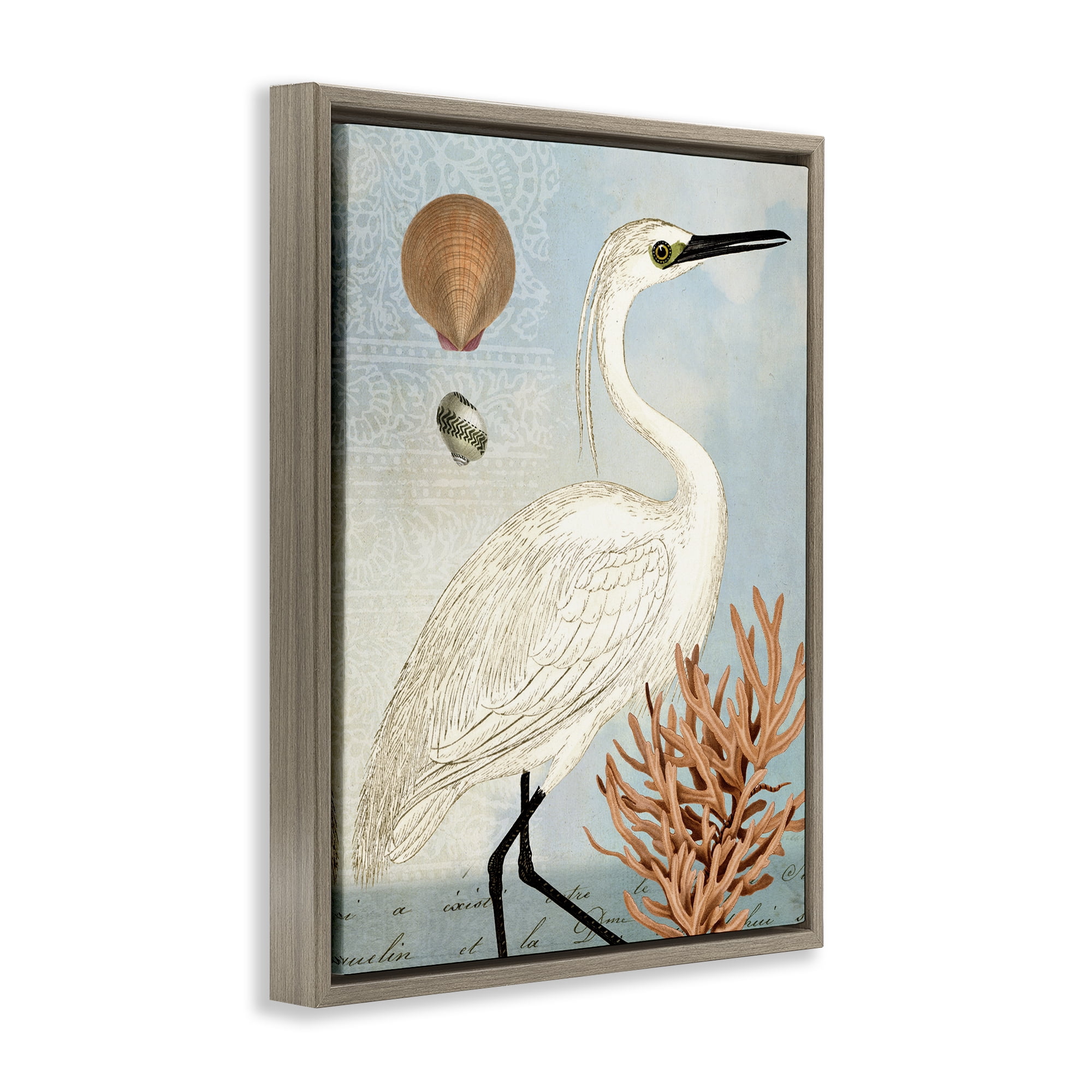 Stupell Industries Maritime Egret & Coral Animals & Insects Painting Brown Floater Framed Canvas Art Print Wall Art, 17 x 21