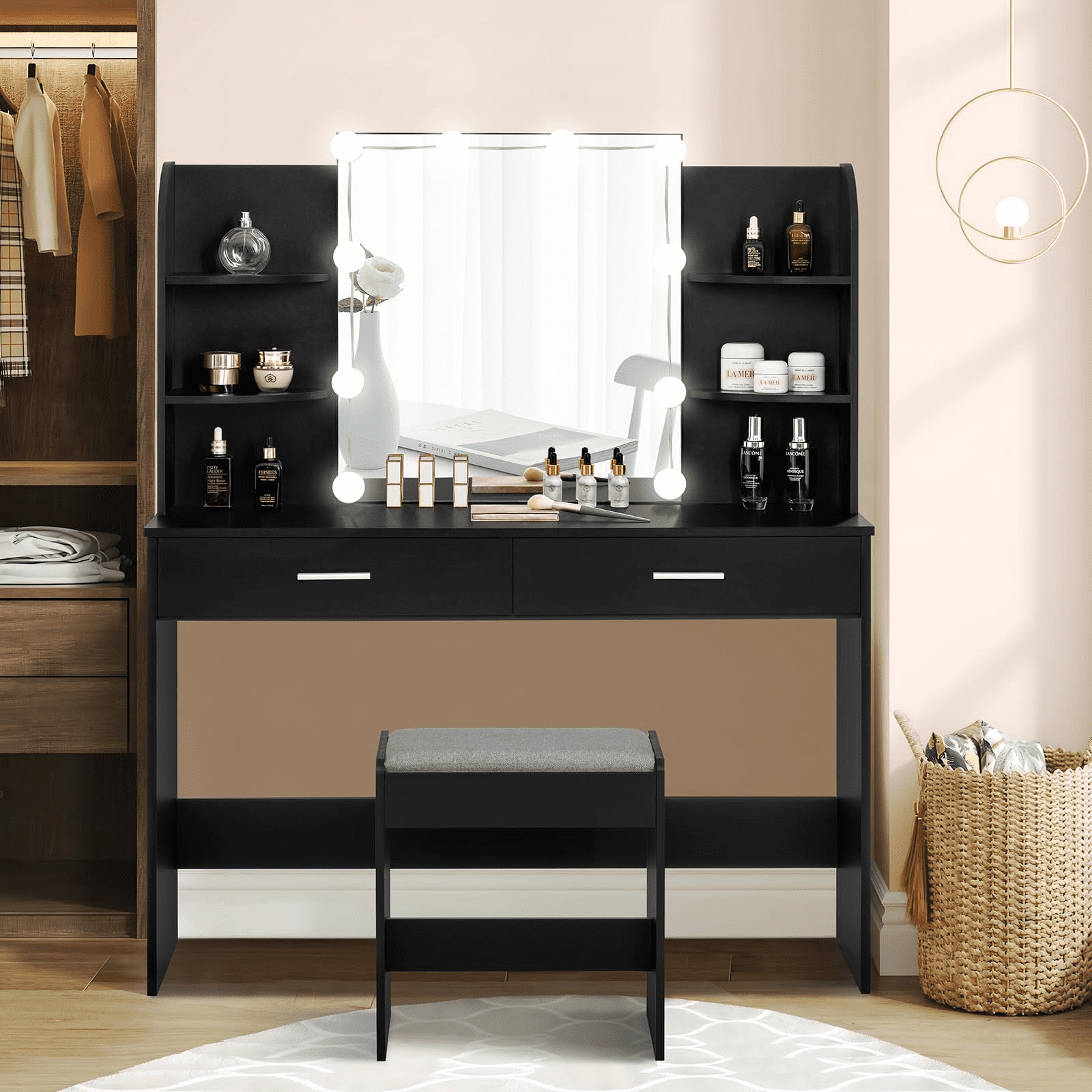 USIKEY Large Vanity Set with 10 Light Bulbs & Cushioned Stool, Makeup Table with 2 Drawers, Table Dresser Desk for Bedroom, Black - Walmart.com