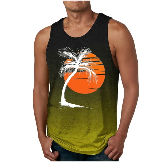 Camiseta sin mangas de cuello redondo para hombre, estampada, informal, deportiva, elástica, de moda, de poliéster.