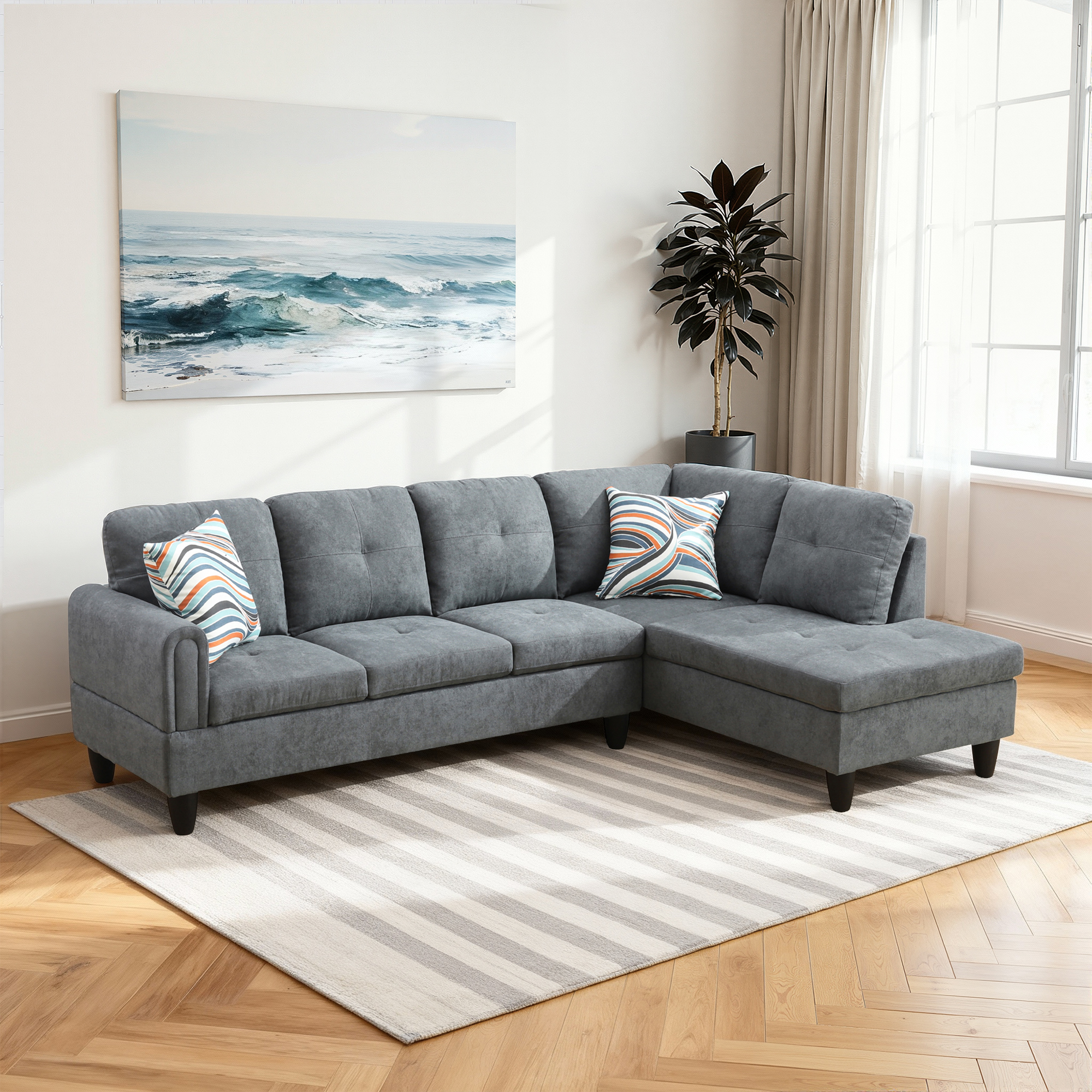 MAYEERTY 97" Modular Couches Fluffy Fabric Sectional Sofa Set for Living Room with Reversible Chaise without Ottoman, Dark Grey (Left)